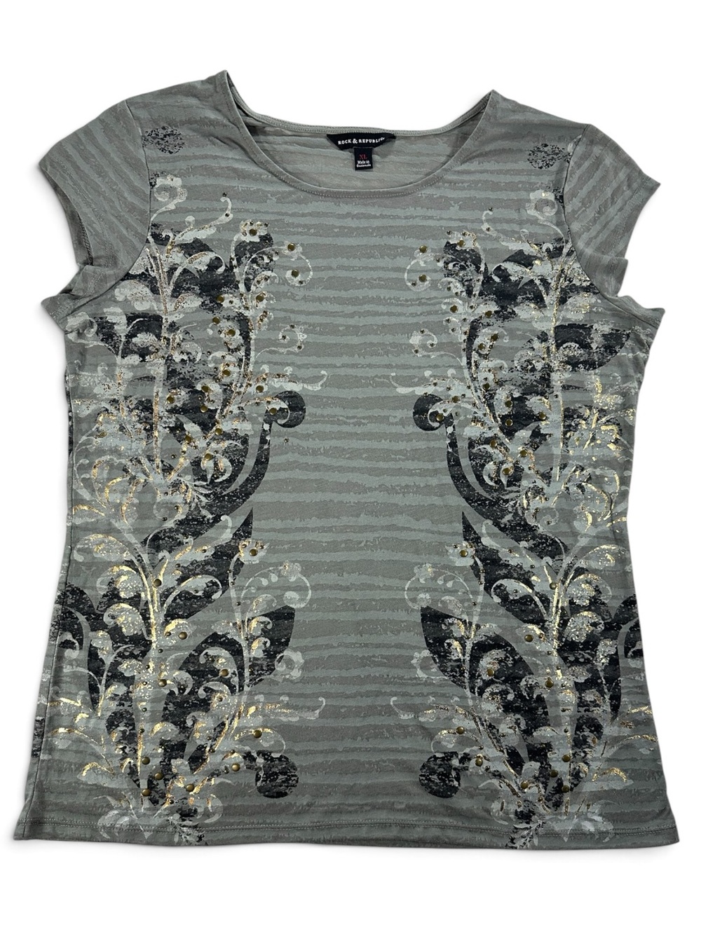 Rock & Republic Gray Floral-Embellished Short Sleeve Tee